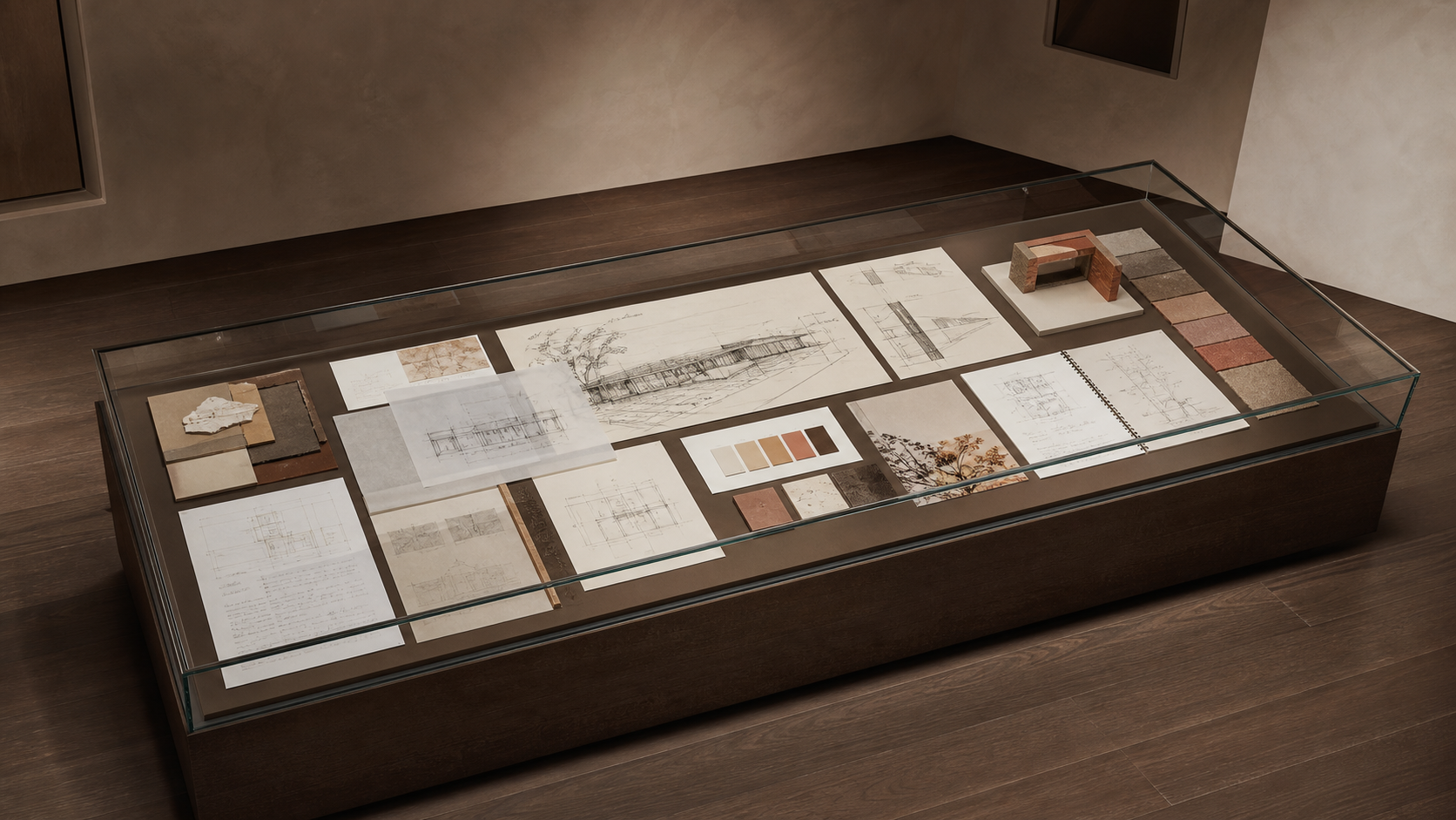 Mesa expositiva com croquis, desenhos e amostras sob vidro